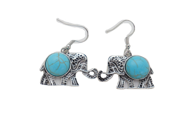 Brand New Women Earrings Set Ethnic Silver Metal Indian Elephant Jewelry Turquoise Blue