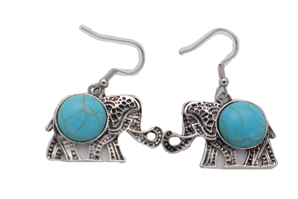 Brand New Women Earrings Set Ethnic Silver Metal Indian Elephant Jewelry Turquoise Blue