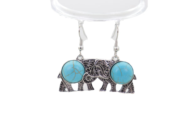 Brand New Women Earrings Set Ethnic Silver Metal Indian Elephant Jewelry Turquoise Blue