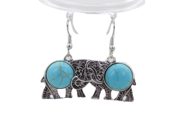 Brand New Women Earrings Set Ethnic Silver Metal Indian Elephant Jewelry Turquoise Blue