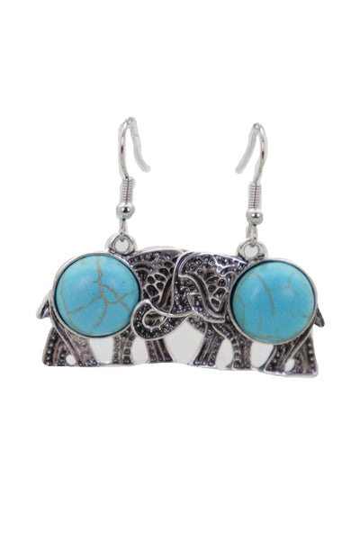 Brand New Women Earrings Set Ethnic Silver Metal Indian Elephant Jewelry Turquoise Blue