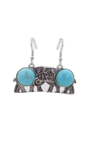 Brand New Women Earrings Set Ethnic Silver Metal Indian Elephant Jewelry Turquoise Blue