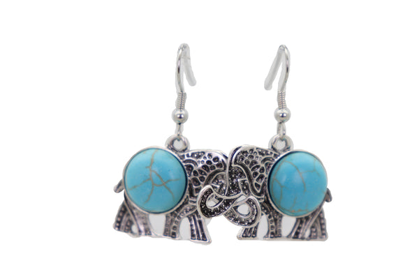 Brand New Women Earrings Set Ethnic Silver Metal Indian Elephant Jewelry Turquoise Blue