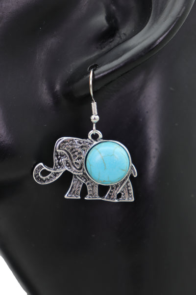 Brand New Women Earrings Set Ethnic Silver Metal Indian Elephant Jewelry Turquoise Blue
