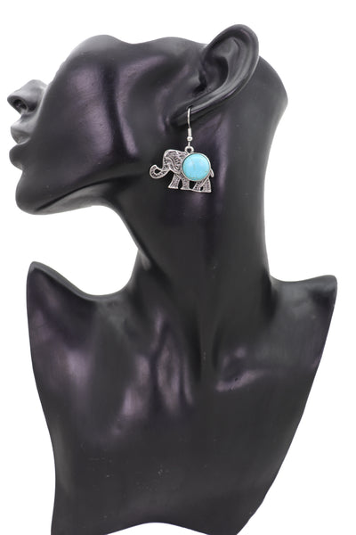 Brand New Women Earrings Set Ethnic Silver Metal Indian Elephant Jewelry Turquoise Blue