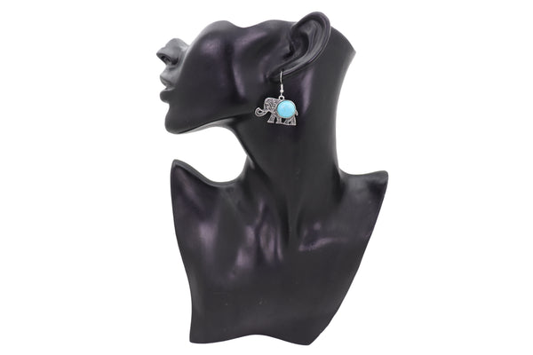 Brand New Women Earrings Set Ethnic Silver Metal Indian Elephant Jewelry Turquoise Blue