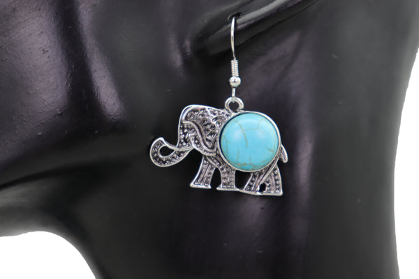Brand New Women Earrings Set Ethnic Silver Metal Indian Elephant Jewelry Turquoise Blue