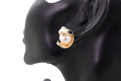 Gold Metal Cobra Mouth Bite Snake Pearl Beads Earrings