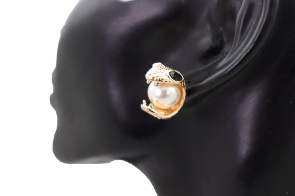 Brand New Women Earrings Set Fashion Jewelry Gold Metal Cobra Mouth Bite Snake Pearl Beads