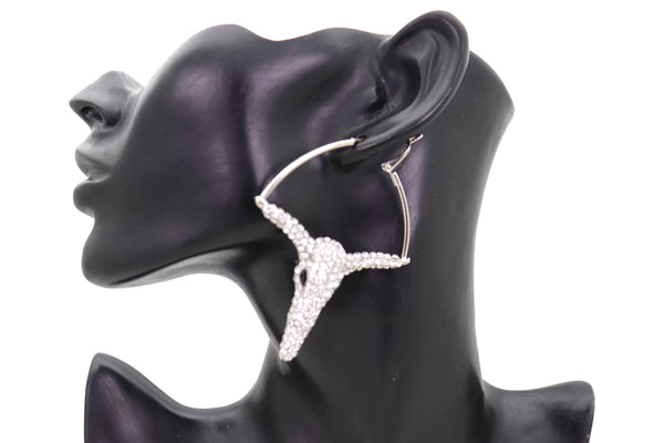 Brand New Women Earrings Set Silver Metal Bull Texas Long Horn Cow Western Fashion Jewelry