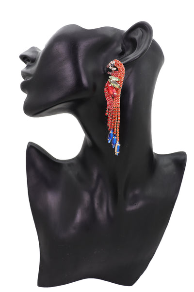 Brand New Women Gold Metal Parrot Earrings Set Long Jungle Bird Red Bling Fashion Jewelry