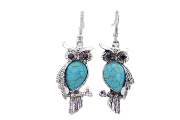 Brand New Women Hook Earrings Set Ethnic Silver Metal Owl Bird Jewelry Turquoise Blue Bead