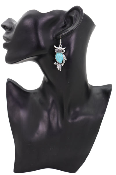 Brand New Women Hook Earrings Set Ethnic Silver Metal Owl Bird Jewelry Turquoise Blue Bead