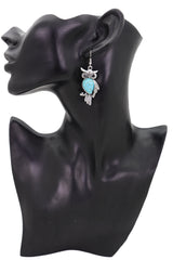 Hook Earrings Set Ethnic Silver Metal Owl Bird Jewelry Turquoise Blue Bead