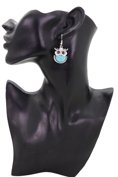 Brand New Women Earrings Set Silver Metal Owl Bird Western Jewelry Turquoise Blue Bead
