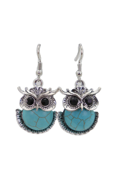 Brand New Women Earrings Set Silver Metal Owl Bird Western Jewelry Turquoise Blue Bead