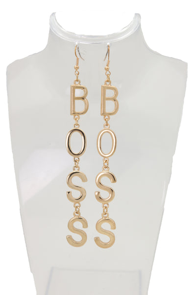Brand New Women Hook Earrings Set Gold Metal Long BOSS Word Charm Hip Hop Fashion Jewelry
