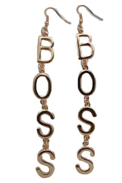 Brand New Women Hook Earrings Set Gold Metal Long BOSS Word Charm Hip Hop Fashion Jewelry