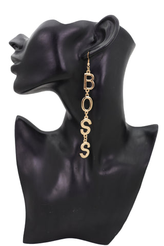 Brand New Women Hook Earrings Set Gold Metal Long BOSS Word Charm Hip Hop Fashion Jewelry