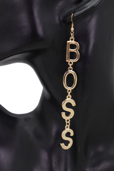 Brand New Women Hook Earrings Set Gold Metal Long BOSS Word Charm Hip Hop Fashion Jewelry