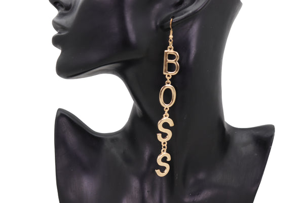 Brand New Women Hook Earrings Set Gold Metal Long BOSS Word Charm Hip Hop Fashion Jewelry