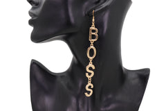 Hook Earrings Set Gold Metal Long BOSS Word Charm Hip Hop