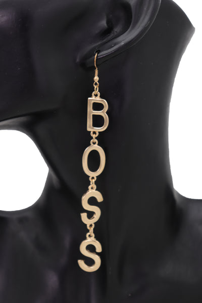 Brand New Women Hook Earrings Set Gold Metal Long BOSS Word Charm Hip Hop Fashion Jewelry