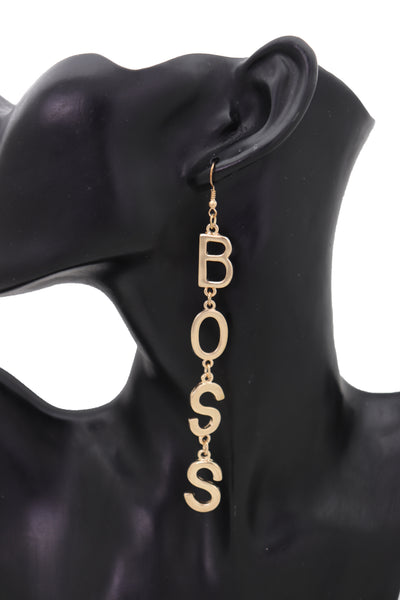 Brand New Women Hook Earrings Set Gold Metal Long BOSS Word Charm Hip Hop Fashion Jewelry