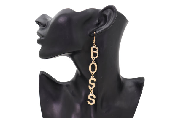 Brand New Women Hook Earrings Set Gold Metal Long BOSS Word Charm Hip Hop Fashion Jewelry