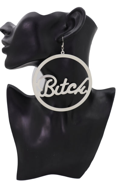 Brand New Women Earrings Set Celebrity Fashion Jewelry Big Hoop Silver Metal BITCH Hip Hop