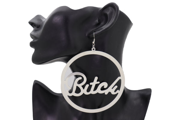 Brand New Women Earrings Set Celebrity Fashion Jewelry Big Hoop Silver Metal BITCH Hip Hop