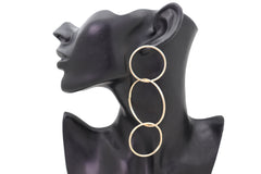 3 Linked Circles Long Drop Earrings