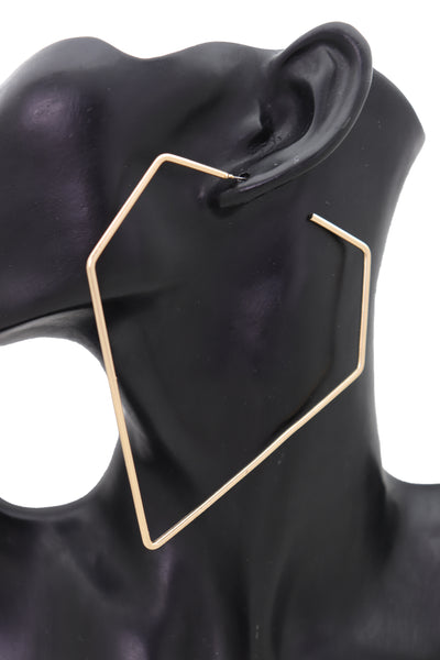 Brand New Women Earrings Set Fashion Jewelry Big Hoop Gold Metal Diamond Shape Bling Look