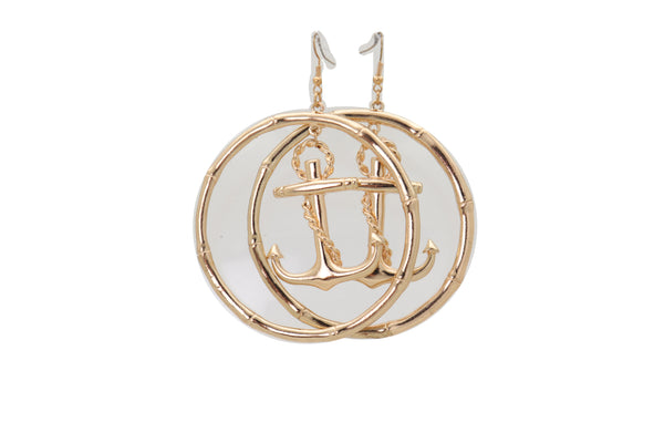 Brand New Women Hook Earrings Set Gold Color Metal Hoop Anchor Nautical Fashion Jewelry