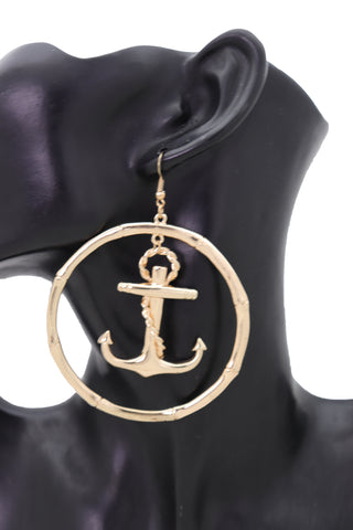 Brand New Women Hook Earrings Set Gold Color Metal Hoop Anchor Nautical Fashion Jewelry