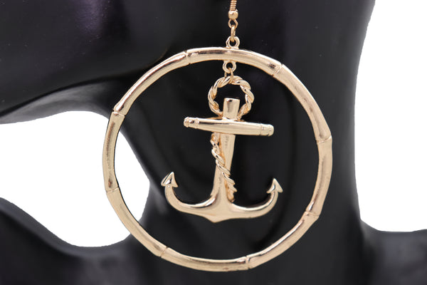 Brand New Women Hook Earrings Set Gold Color Metal Hoop Anchor Nautical Fashion Jewelry