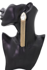 Teardrop Gem Long Metal Tassel Earrings