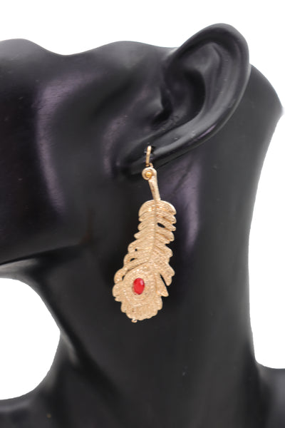 Brand New Women Hook Earrings Set Fashion Jewelry Gold Metal Bird Feather Peacock Red Bead