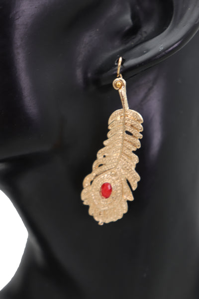 Brand New Women Hook Earrings Set Fashion Jewelry Gold Metal Bird Feather Peacock Red Bead