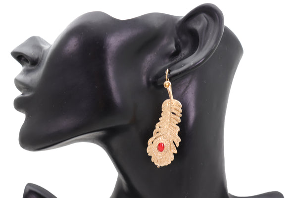 Brand New Women Hook Earrings Set Fashion Jewelry Gold Metal Bird Feather Peacock Red Bead