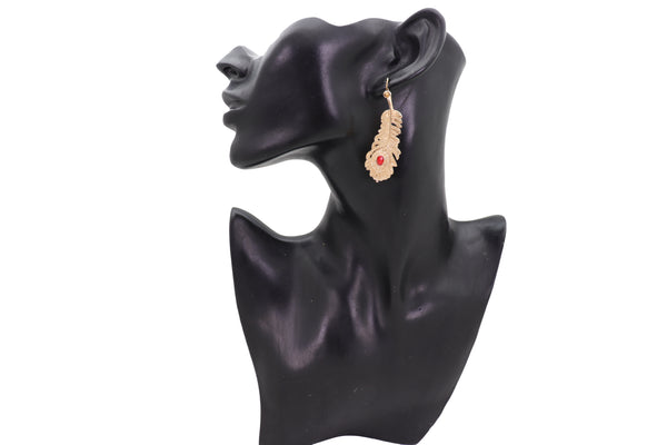 Brand New Women Hook Earrings Set Fashion Jewelry Gold Metal Bird Feather Peacock Red Bead
