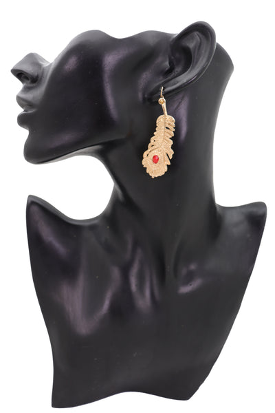 Brand New Women Hook Earrings Set Fashion Jewelry Gold Metal Bird Feather Peacock Red Bead