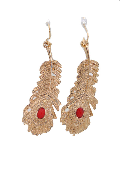 Brand New Women Hook Earrings Set Fashion Jewelry Gold Metal Bird Feather Peacock Red Bead