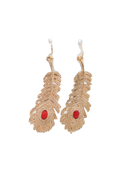 Brand New Women Hook Earrings Set Fashion Jewelry Gold Metal Bird Feather Peacock Red Bead