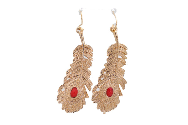 Brand New Women Hook Earrings Set Fashion Jewelry Gold Metal Bird Feather Peacock Red Bead