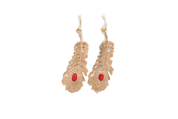 Brand New Women Hook Earrings Set Fashion Jewelry Gold Metal Bird Feather Peacock Red Bead