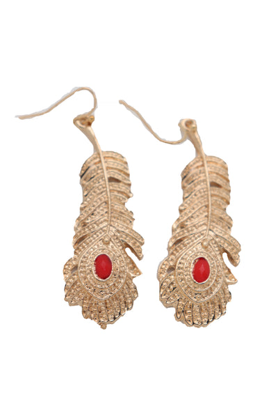 Brand New Women Hook Earrings Set Fashion Jewelry Gold Metal Bird Feather Peacock Red Bead