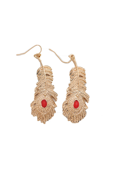 Brand New Women Hook Earrings Set Fashion Jewelry Gold Metal Bird Feather Peacock Red Bead