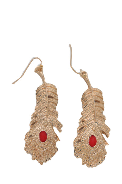 Brand New Women Hook Earrings Set Fashion Jewelry Gold Metal Bird Feather Peacock Red Bead