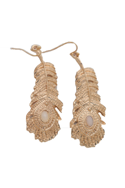 Brand New Women Hook Earrings Fashion Jewelry Gold Metal Bird Feather Peacock White Beads